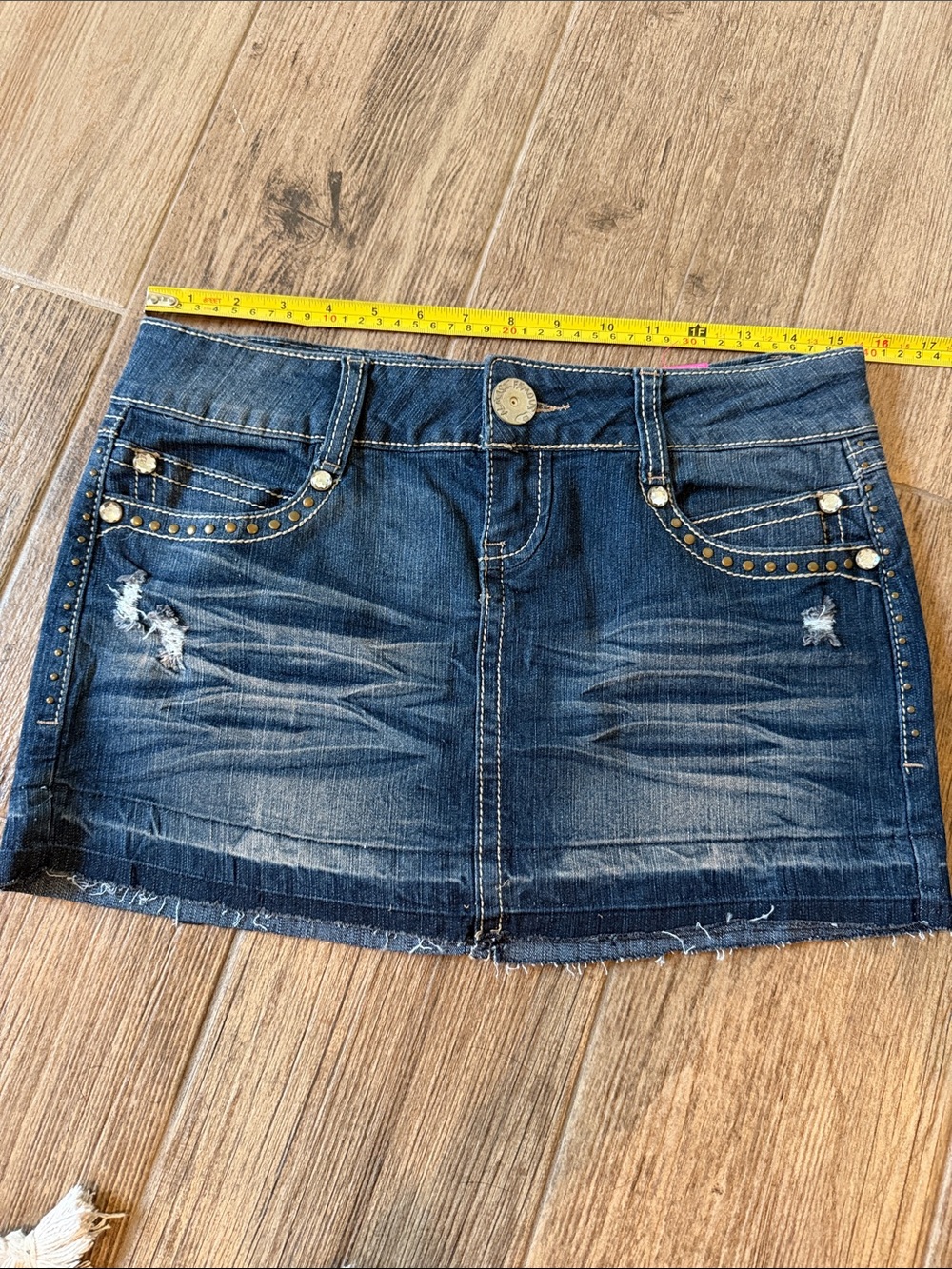 Almost Famous Dark Blue Distressed Denim Mini Skirt with Stud Accents size 7